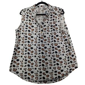 Chandly Womens Leopard Print Sleeveless Henley Blouse White Black‎ Tan 2X
